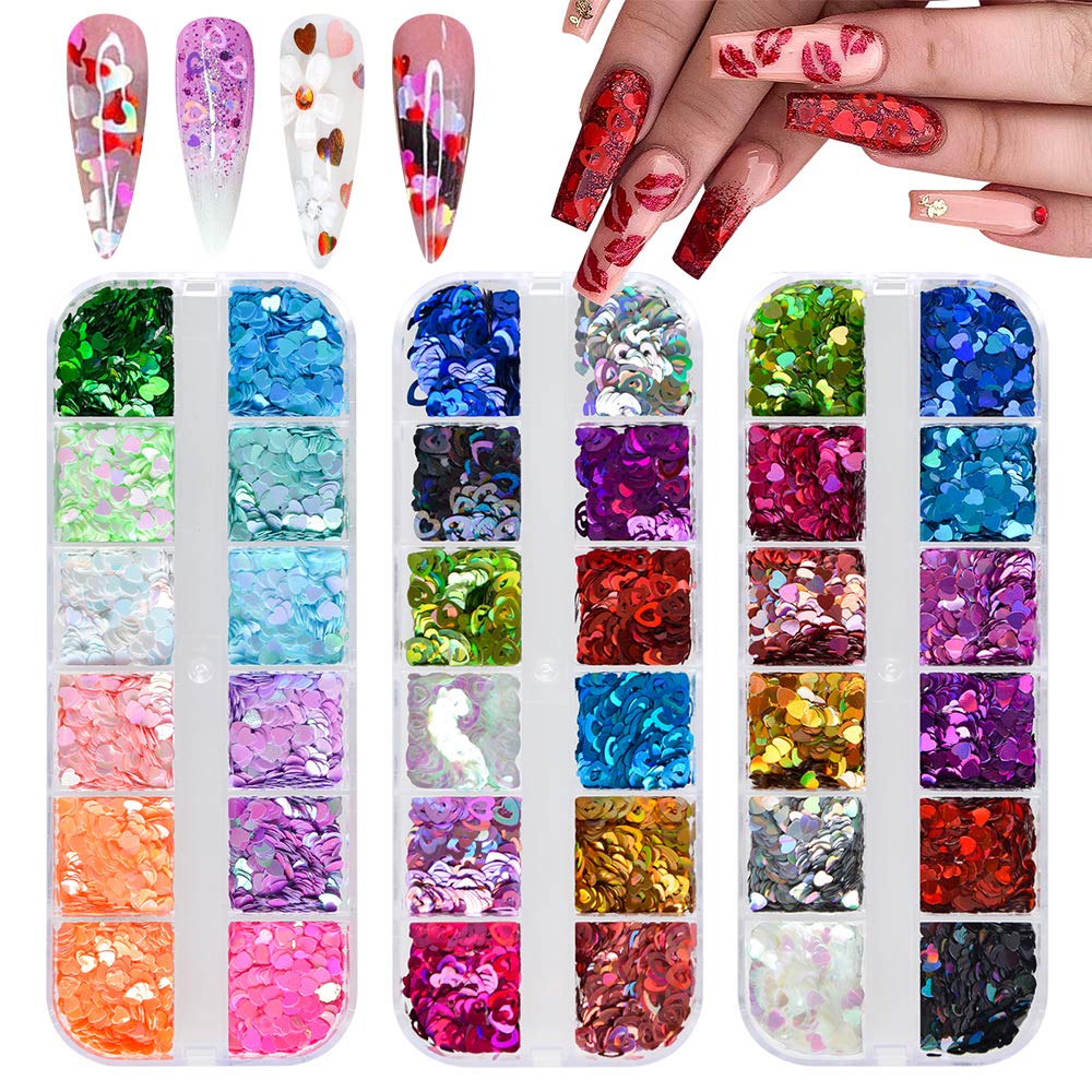 EBANKU Holographic Heart Nail Sequins, 3D Mixed Laser Heart Love Nail Glitter Sequins Confetti Sparkle Flakes Manicure Nail Art Decoration for Women Girls DIY Nail Supplies (3 Boxes)