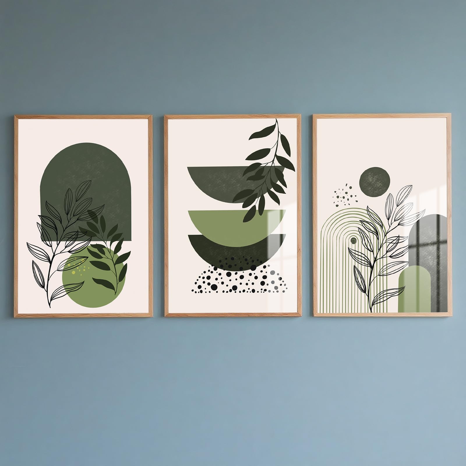 PWAAHDC Green Canvas Wall Art, Set of 3 Boho Prints, Beige and Sage Green Abstract Geometric Posters, Unframed 40 x 60cm Home Decor for Living Room or Bedroom