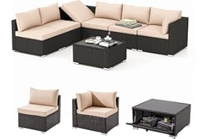 HOMREST 7 Piece Patio Furniture Set with Adjustable Bracket All-Weather Wicker Conversation Set with Coffee Table for Porch Garden Backyard (Khaki)