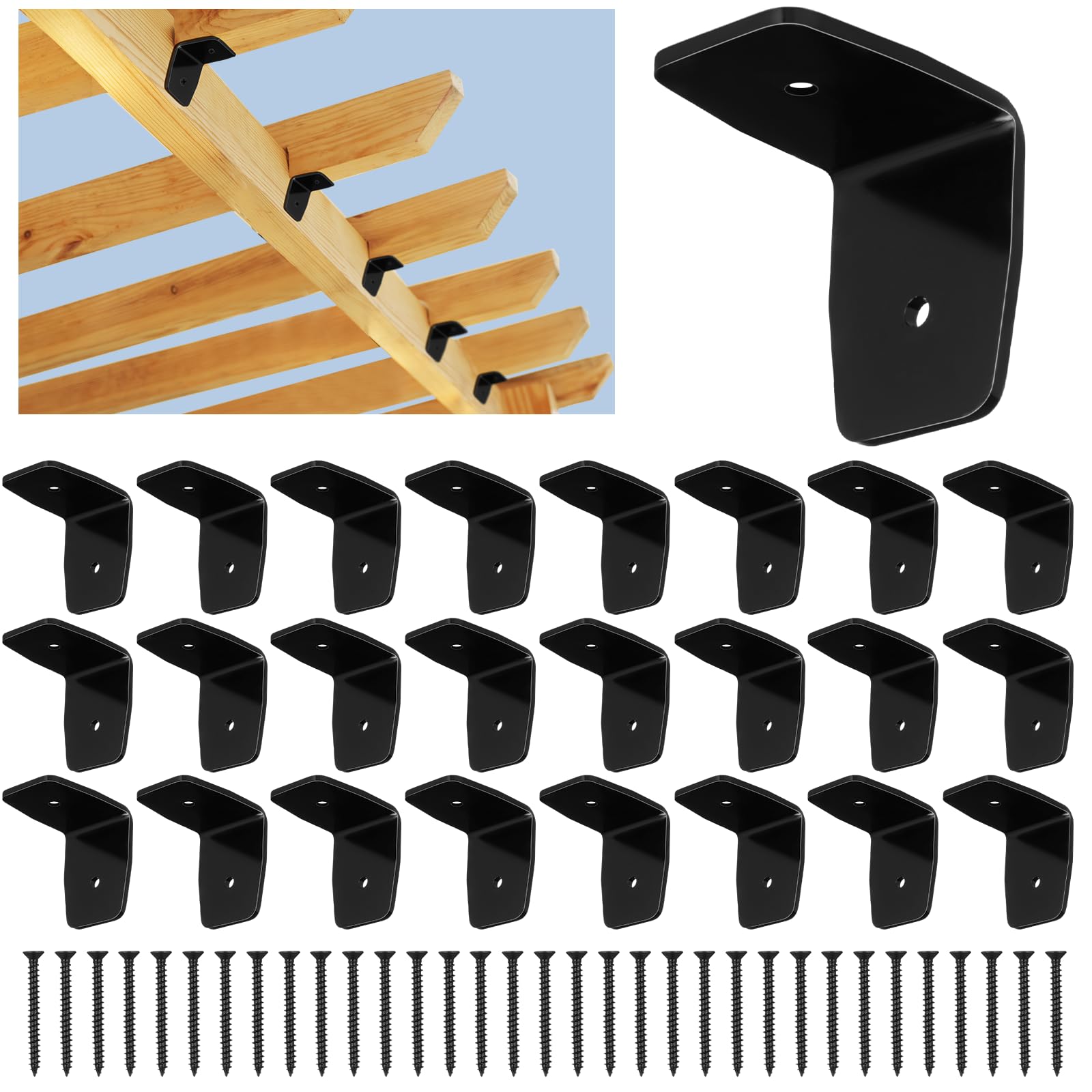 Photo 1 of MorningRo 24 Pcs Black Pergola Hardware Rafter Clips Galvanized Steel Rafter Brackets Hurricane Clips Brackets Ties with Screws for Lumber Pergola, Timber Beam, Ceiling Joist (2 Inch)