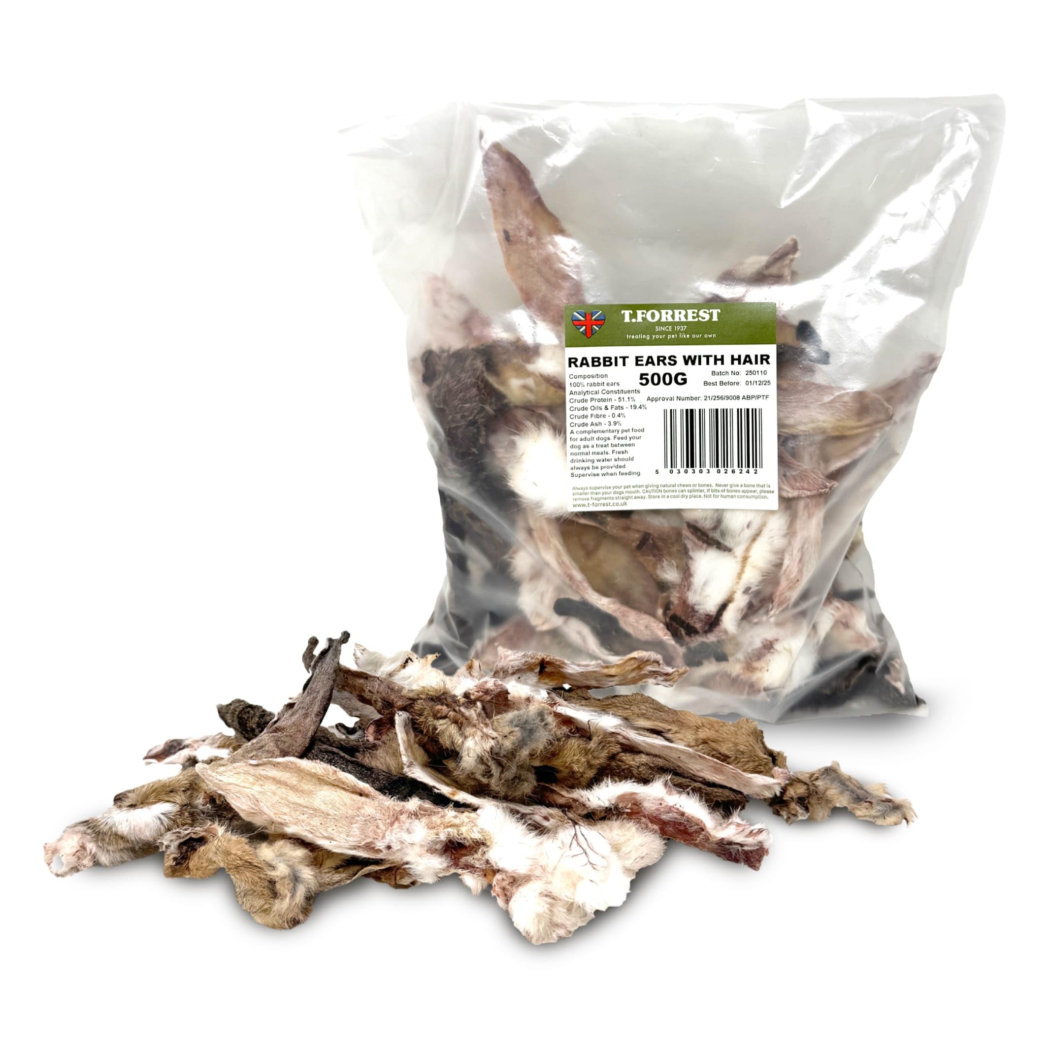 T.Forrest British Air Dried Rabbit Ears with Fur - 500g - High Protein, Long Lasting, Grain & Gluten Free Dog Treats