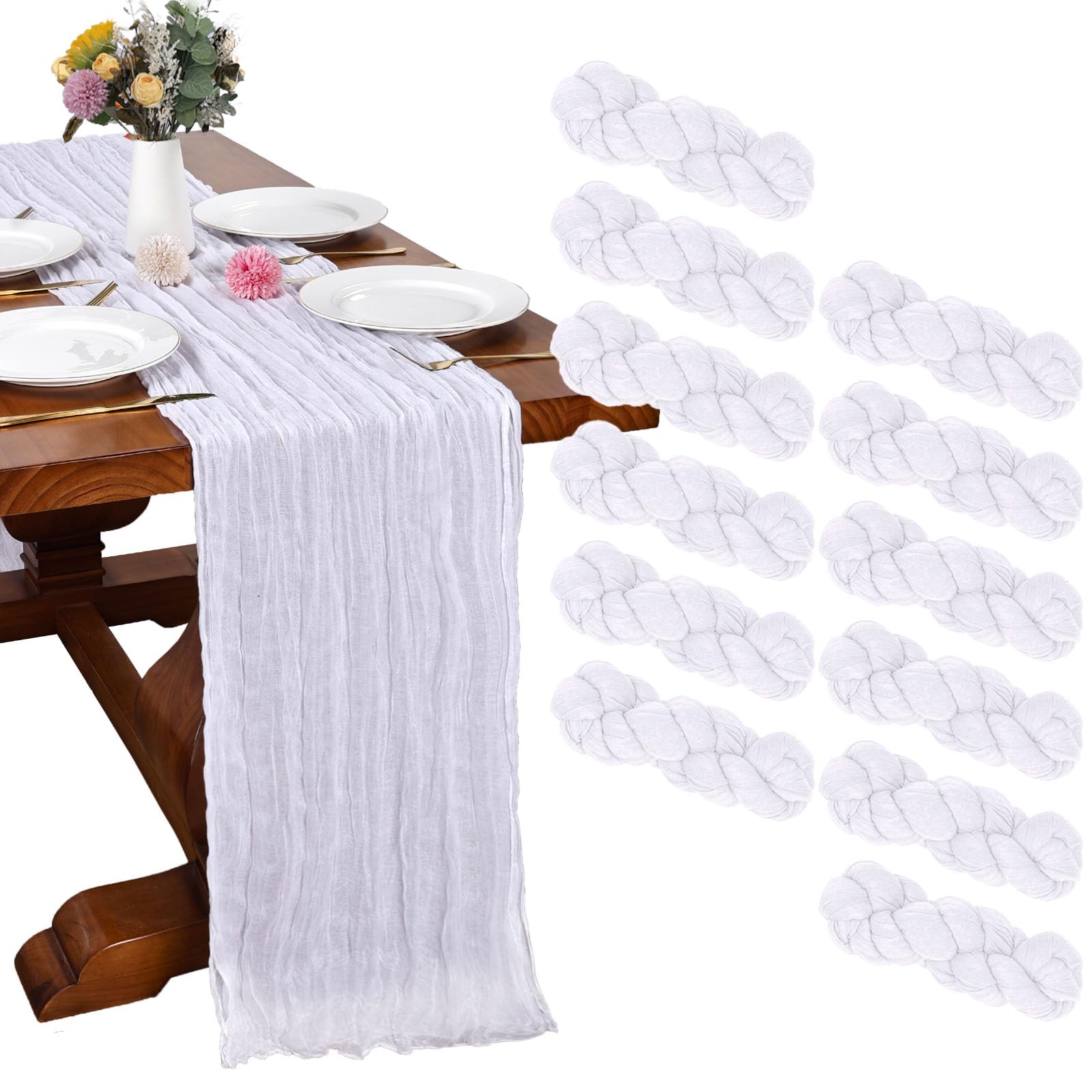RestfulGlow 12 Pack White Cheesecloth Table Runner 10FT Boho Gauze Cheese Cloth Fabric Table Runner 35 x 120 Inch Rustic Sheer for Holiday Wedding Decor Baby Shower Party Decoration Easter Image