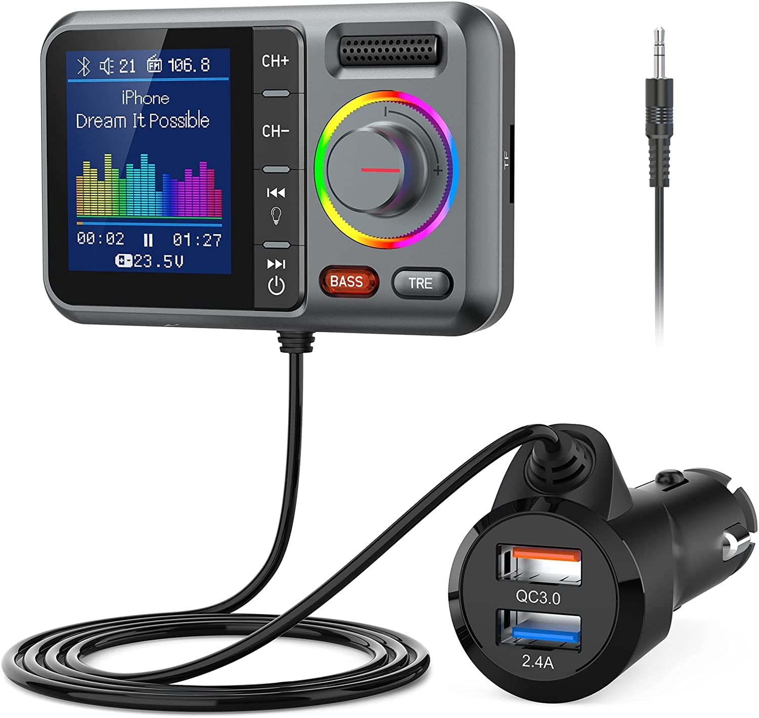Photo 1 of Nulaxy Bluetooth FM Transmitter for Car, Wireless Car Bluetooth Adapter with Big Color Screen, Support QC3.0 Fast Charging, Hands-Free Call, MP3 Music Player BASS&TRE Booster, TF Card AUX-KM28 Grey