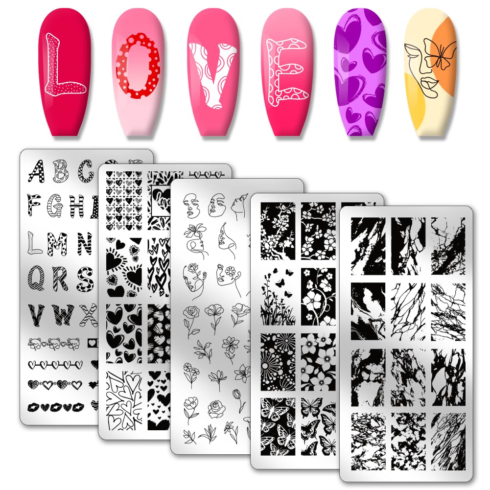 PH PandaHall 5pcs Love Nail Art Templates Mother's Day Nail Stamps Flowers Nail Stamp Heart Print Templates Letter Art Stencils Butterfly Nail Plates for DIY Print Wedding Manicure Design 12x6cm