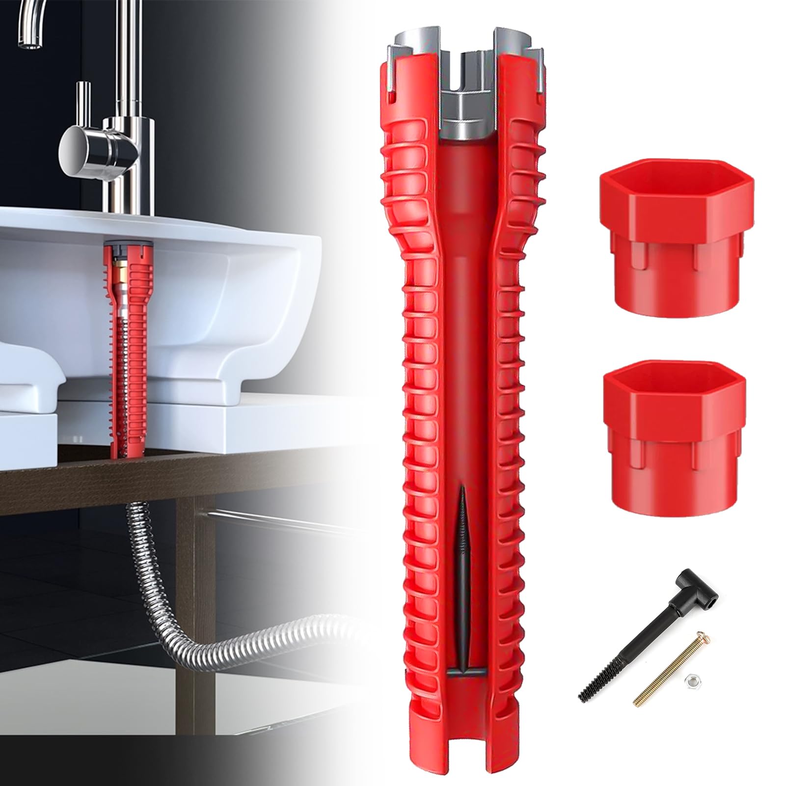 IBEIKE 8 in 1 Faucet Wrench Tool Set for Kitchen - Red Plumbing Tools Tap Spanner Multi-Purpose Wrench for Tight Space, Sink Toilet Bowl, Bathroom Repair Installation