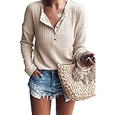 WNEEDU Women's Waffle Knit Tunic Tops Loose Long Sleeve Button Up V Neck Henley Shirts