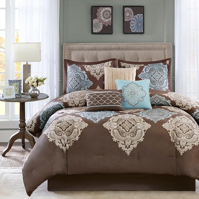 Comforter Sets Home Kitchen 100 Cotton Bedroom Comforters Damask 7 Pieces Bedding Sets Madison Park Monroe Queen Size Bed Comforter Set Bed In A Bag Brown Aqua