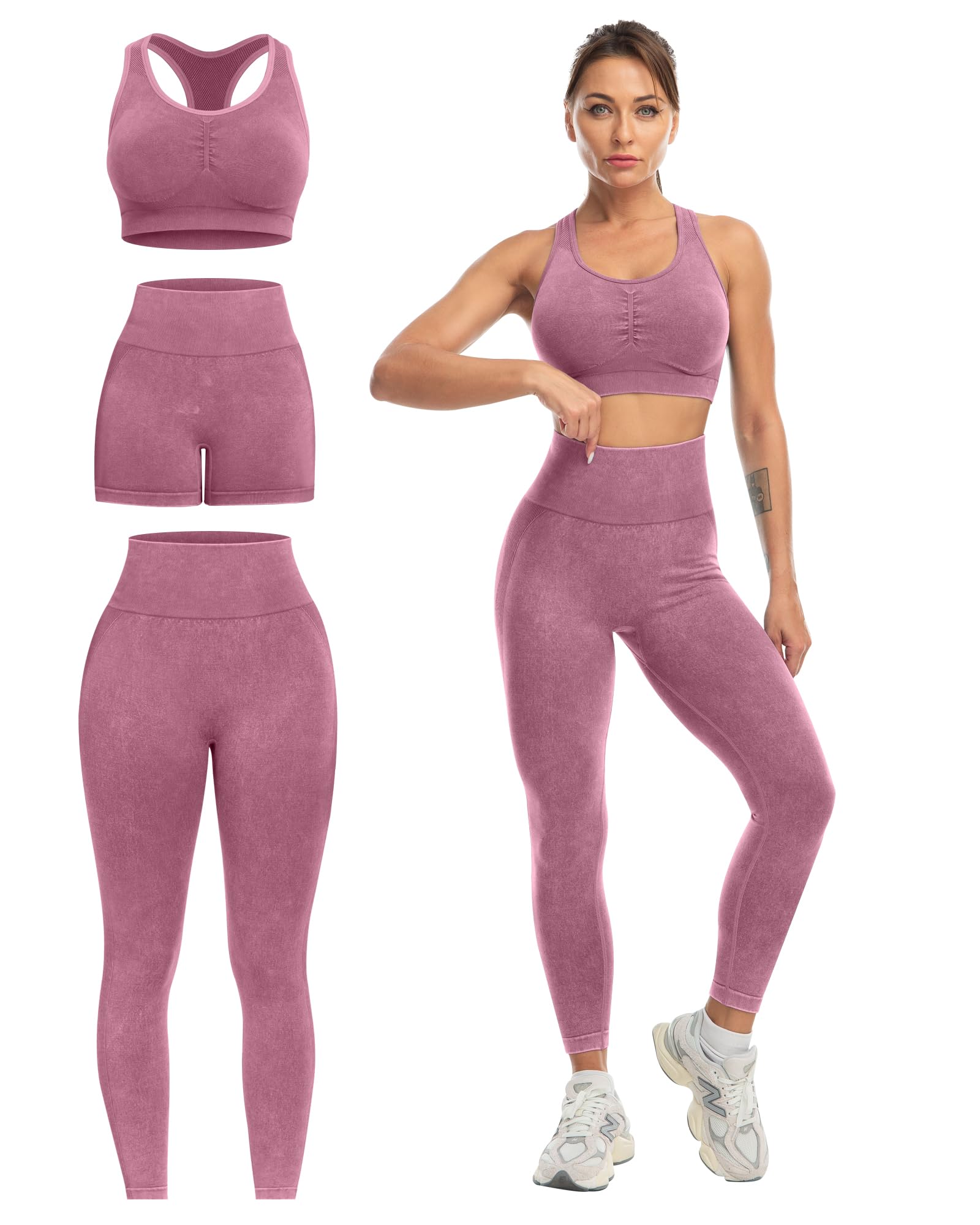 Photo 1 of SALSPOR 3 Piece Workout Sets for Women Butt Lifting Leggings with High Impact Sports Bra Gym Shorts(3DWX-Washed Rose-M)