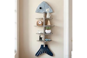 Wooden Fishbone Decor Wall Shelf, Wood Fish Beach Decor Display Shelf, Mediterranean Style Wall - Mounted Organizer in Bedroo