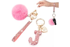 HONYJOOM Initial Letter Keychain for Women Girl Bling Rhinestone Sparkly Bag Backpack Purse Charm Cute Pom Pom Key Chain Wristlet