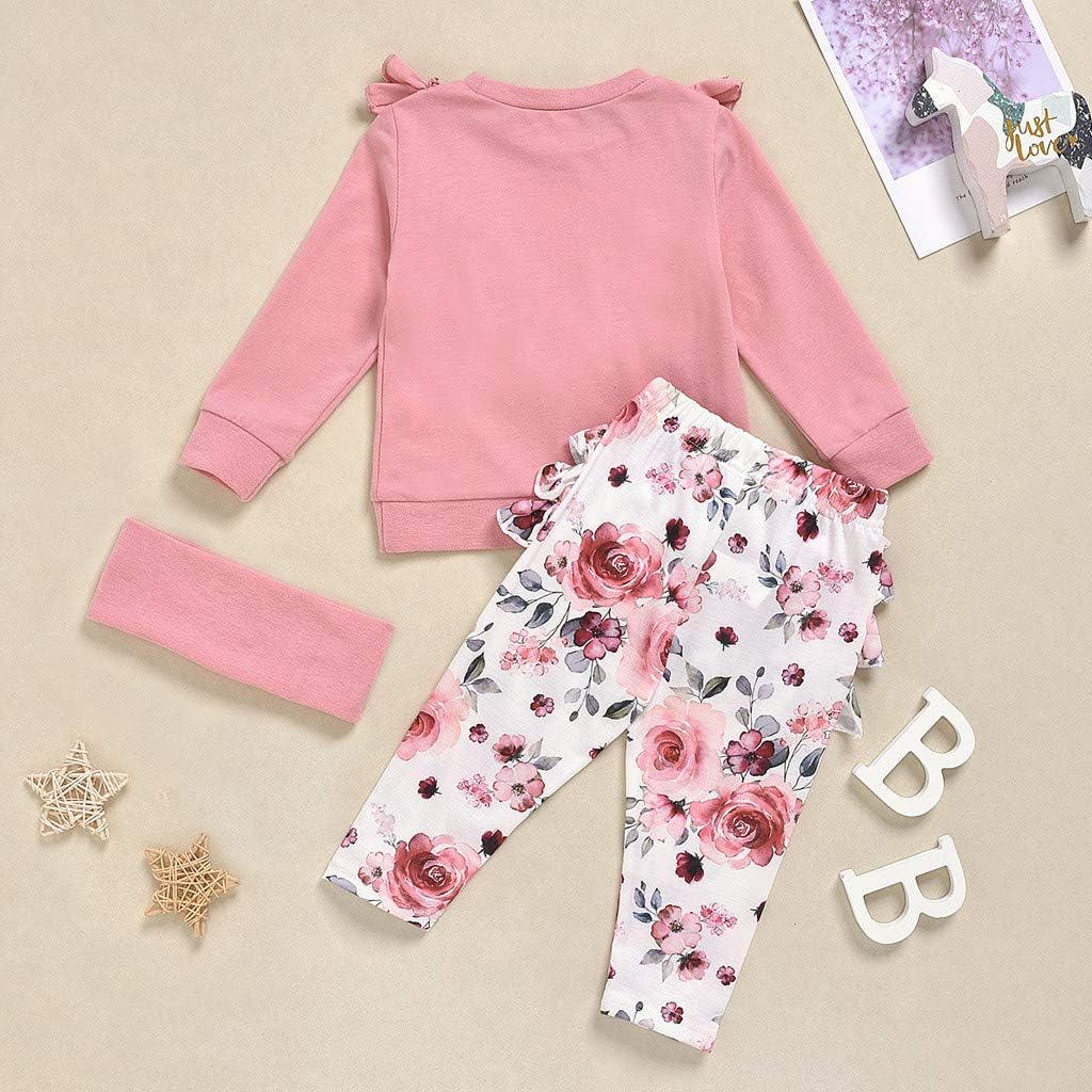 Tuta da Bambina a Maniche Lunghe in Tinta Unita con Volant Pantaloni  Floreali con Fascia 3 Pezzi Set di Abiti Autunnali per Neonati lencicol  Bambino 0-24 Intimo