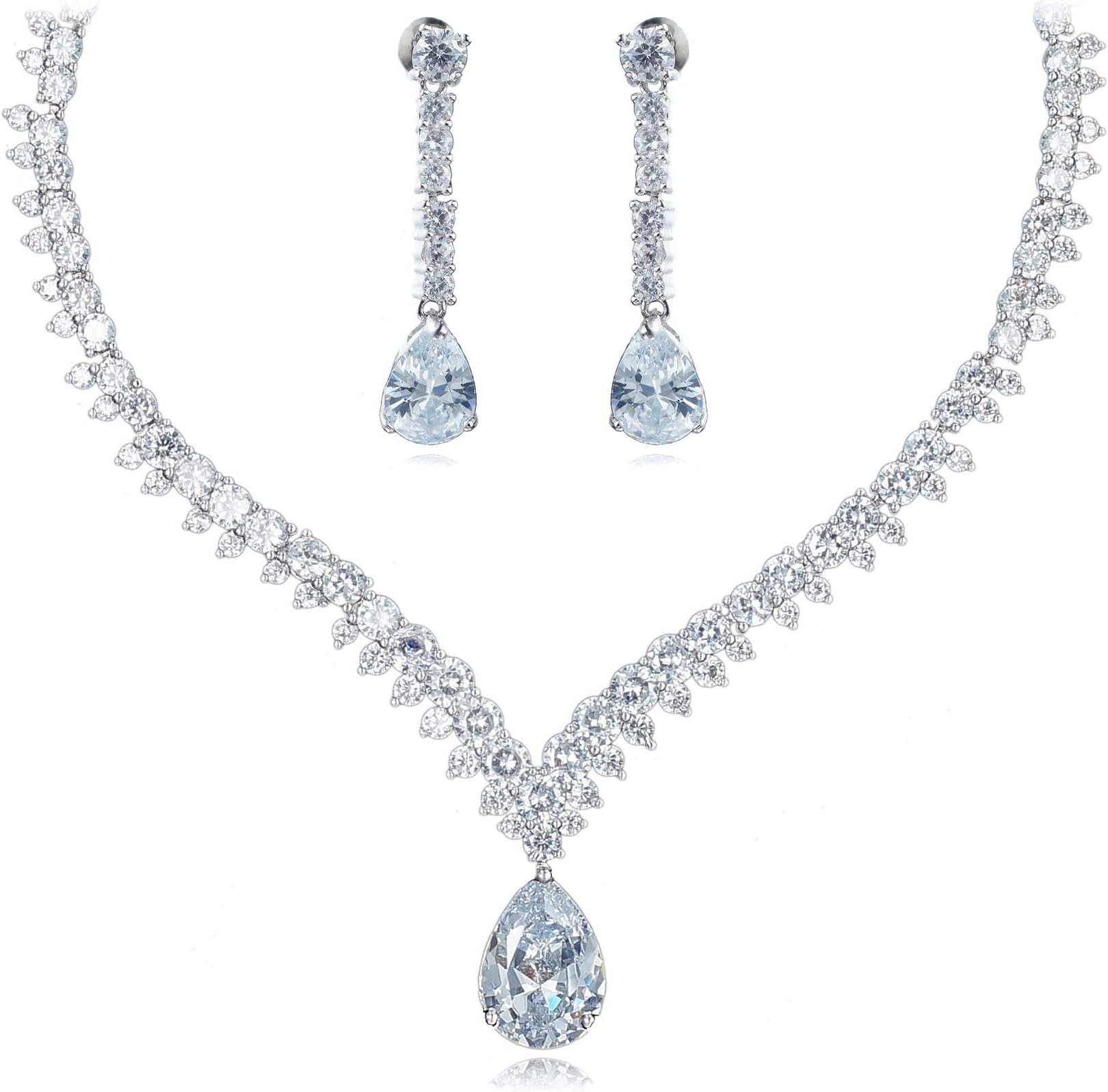 VenFine Clear White CZ Cubic Zirconia Drip Necklace Earrings Set Wedding Bridal Party Prom Choker #2A65
