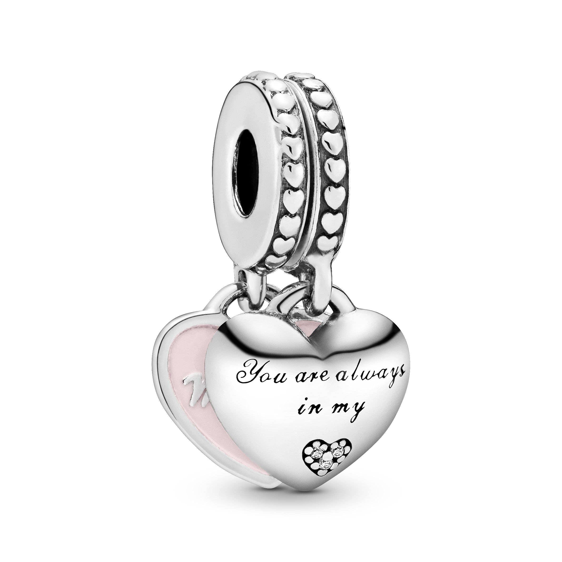 Pandora Moments Women's Sterling Silver Mother and Daughter Hearts Cubic Zirconia Dangle Charm for Bracelet, No Box