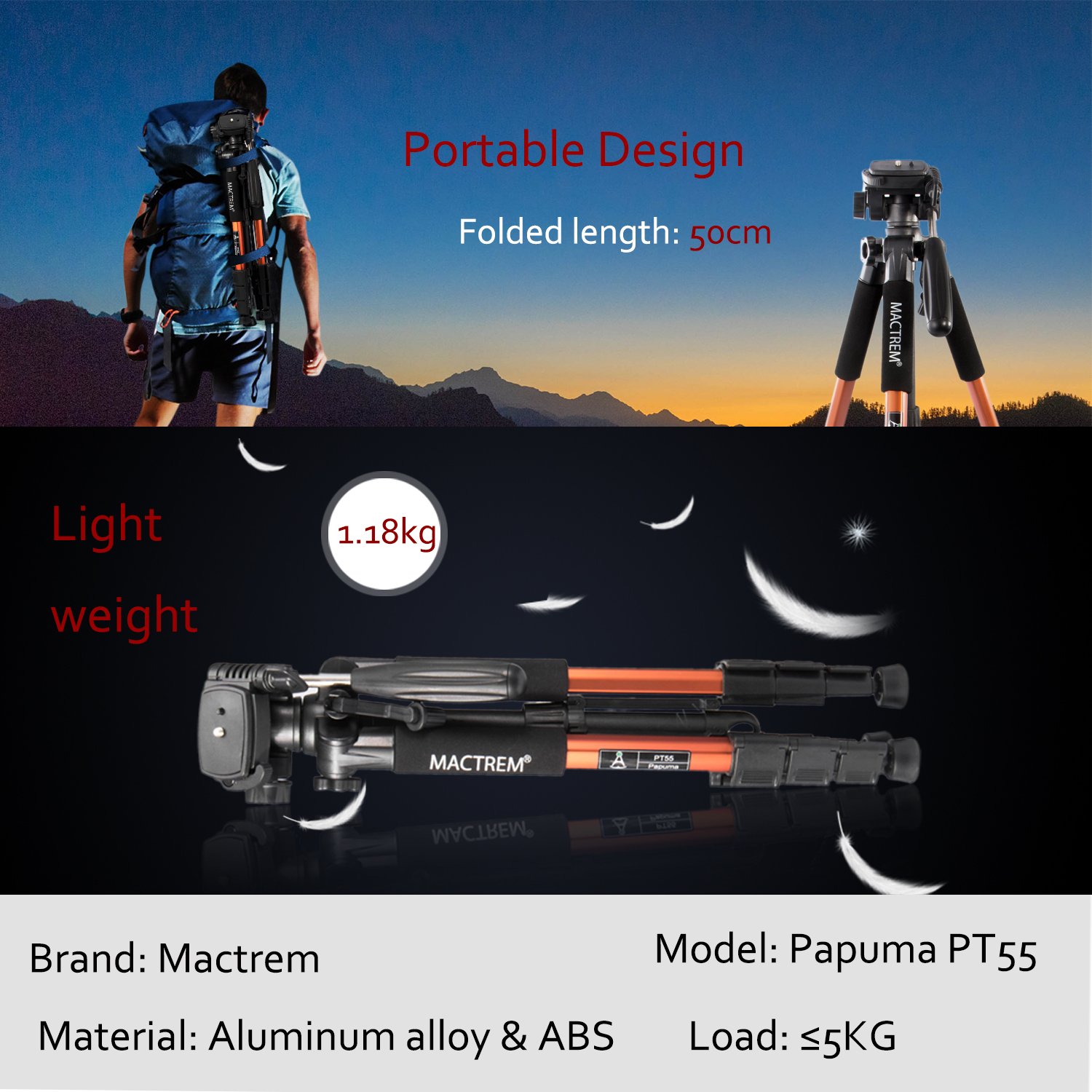 Camera Tripod Lightweight Portable Travel Tripod Aluminum Camcorder Stand MACTREM 55-Inch with Bag for DSLR Nikon Canon Sony Olympus Fuji Pentax Lumix DV Video (Orange)