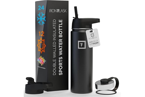 IRON °FLASK Sports Water Bottle - Wide Mouth with 3 Straw Lids - Stainless Steel Gym & Outdoor Bottles for Men, Women & Kids - Double Walled, Insulated Thermos, Metal Canteen - Midnight Black, 40 Oz