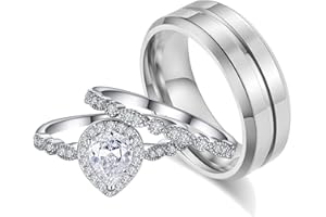 CEJUG Teardrop Wedding Ring Sets for Him and Her Women Men Titanium Stainless Steel Bands Cz 18k Gold Plated Pear Couple Rings