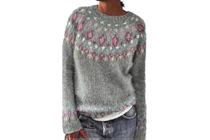 HUEAHDOU Fair Isle Sweater Women Boho Knitted Vintage Sweaters Casual Crewneck Long Sleeve Lightweight Cropped Pullover Tops