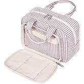 Narwey Large Travel Toiletry Bag for Traveling Women, Cosmetic Makeup Bag Make Up Organizer, Striped Travel Bag for Toiletries with Handle (Dusty Rose Stripe)