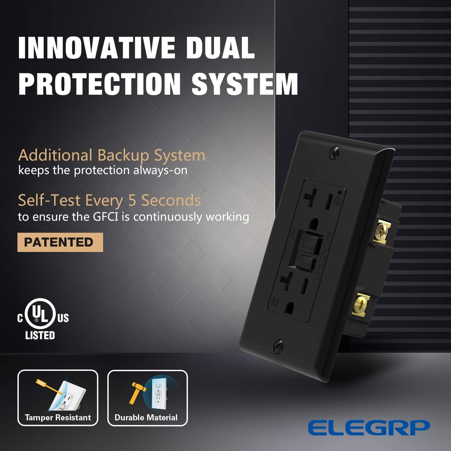 10 Pack ELEGRP 20 Amp GFCI Outlet, 5-20R Ultra Narrow GFI Dual Receptacle, TR Tamper Resistant with LED Indicator, Self-Test Ground Fault Circuit Interrupters, Wall Plate Included, UL Listed (Black) - - 