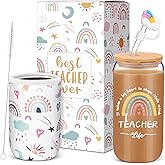 Nuogo Teacher Appreciation Gifts for Women Iced Coffee Cup 16oz Glass Cup with Straw Stopper and Sleeve for Teacher's Day with Thank You Gift Box(Boho)