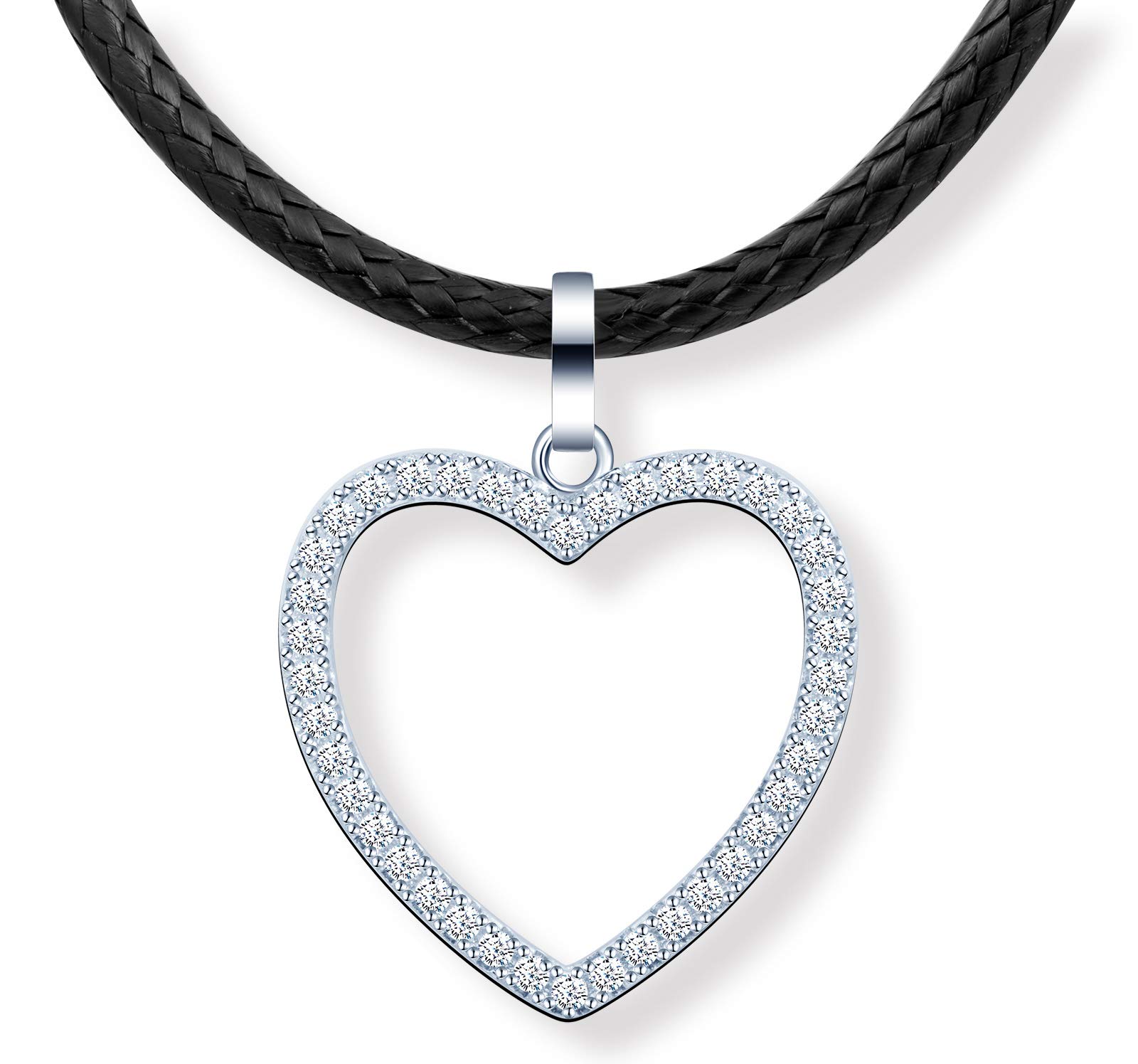 MicLee Women's girl's Necklace pendant, 925 Sterling Silver necklace, Fashion heart necklace, Choker, black leather cord, Inlaid zircon, beautiful and shining pendant, silver