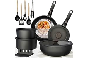 Astercook 21 Pcs Pots and Pans Set Non Stick, Ceramic Cookware Set Detachable Handle, RV Kitchen Cooking Set Removable Handles, Oven Safe, Induction Ready, Stackable, Black, Mothers Day Gifts