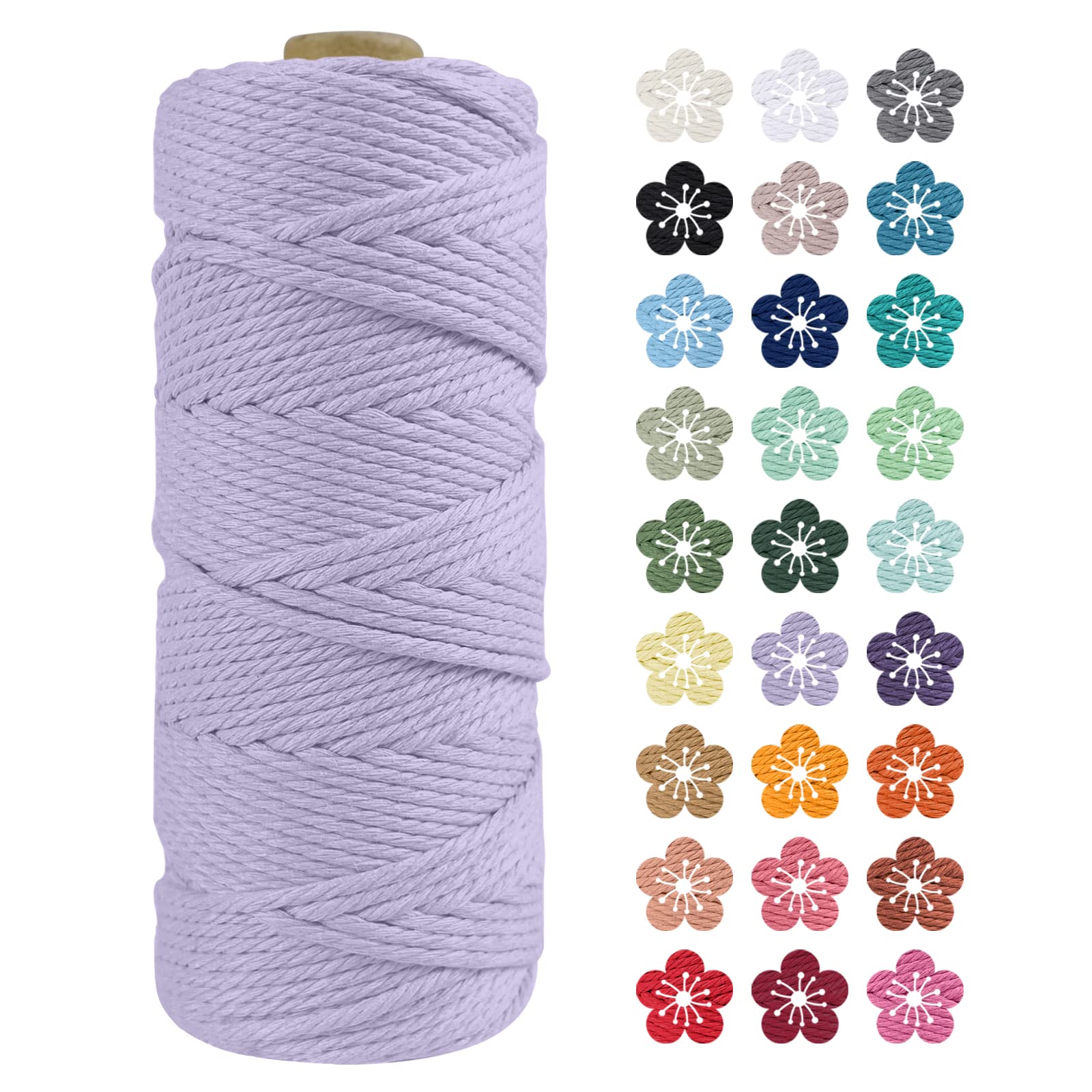 LEREATI Macrame Cord 2mm x 100m, Thick Macrame Rope Natural Cotton Rope Craft String, 3 Strand Twisted Cotton Cord Yarn for DIY Plant Hanger, Wall Hanging, Christmas Decoration (Light purple)