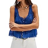 Naileksi Women Sleeveless Ruffled Lace Trim Chiffon Crop Top Scoop Neck Flowy Button Down Front Tie Mesh Crop Tank Top