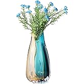 Hand Blown Glass Vase, Medium Wide Mouth Flower Vase Unique Modern Turquoise Glass Art Decor, Nonbreakable Vases for Table Centerpieces Living Room Decorative Amber and Teal Vase