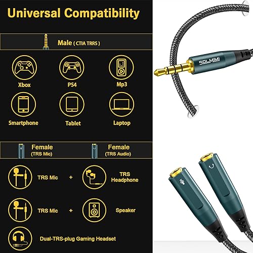 Adattatore Splitter Cuffie 3.5mm, CTIA TRRS Maschio A Doppio TRS Femmina, Per Cuffie Gaming Con Microfono Su PC/Laptop/Smartphone