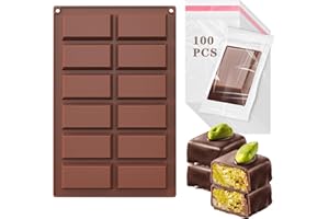 SOLLDGT 12 Cavities Chocolate Bar Mold Deep, Silicone Thick Chocolate Bar Mold for Filling, Deep Chocolate Bar Mold for Stuffed Candy Bar Knafeh Pistachio Chocolate Bar Molds with 100Pcs Bags