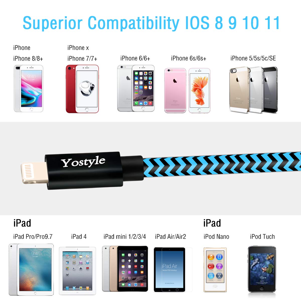 Yostyle Phone Charger Cable,4Pack(3/6/6/10FT) Extra Long Nylon Braided USB Charging & Sync Cord Compatible with Phone Charger X XS Max XR/8/8 Plus/7 Plus 6s/6s Plus/6/6 Plus/5s/5/SE, Pad