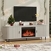70.8" Fluted Fireplace TV Stand with 23" Electric Fireplace, Modern Chic Entertainment Center for TVs Up to 80 inches, Wooden Curved Media Console with Sliding Doors for Living Room, White Oak