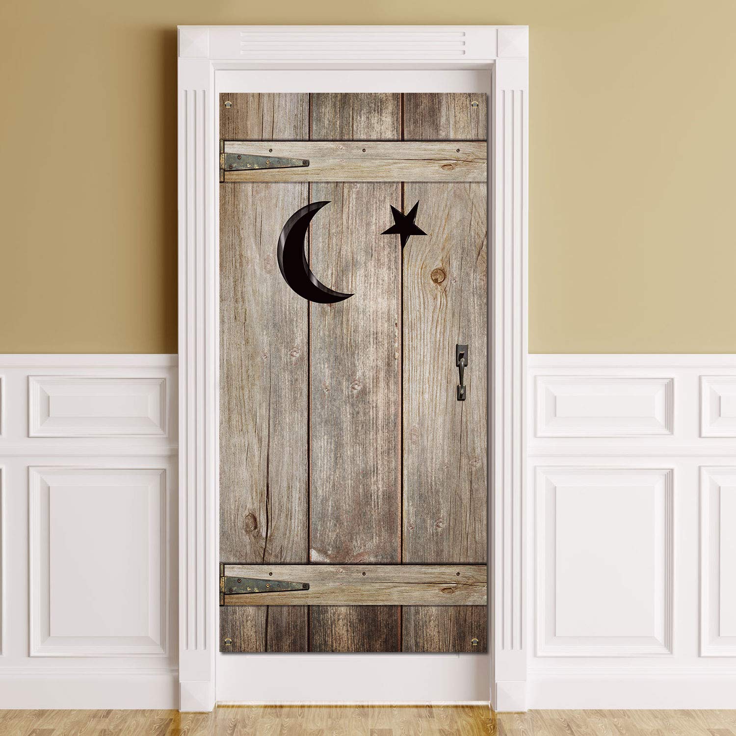 Outhouse Decorations Vintage Outhouse Barn Door Banner Backdrop Bathroom Door Cover Western Party Porch Sign Photo Booth Background for Western Country Theme Outhouse Party Supplies, 6 x 3 FT