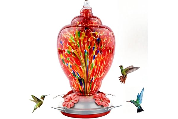 REZIPO Hummingbird Feeder Hand Blown Glass Bird Feeder for Outdoors Patio Large 32 Ounces Hummingbird Nectar Capacity with Ha