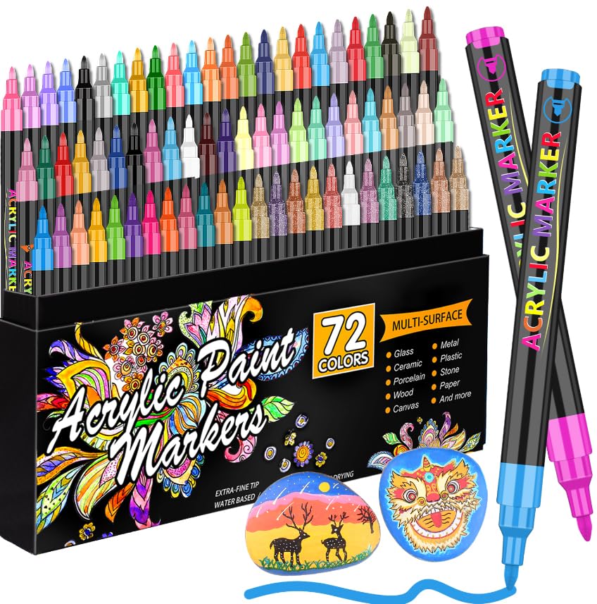72 Colores, 0.7mm, Rotuladores Acrilicos de Pintura de punta Extra Fina, Plumones Acrylic, Marcadores Acrilicos de Brush Premium para Pintura Vidrio, Tela, Kit de Calabazas, Manualidades Diy