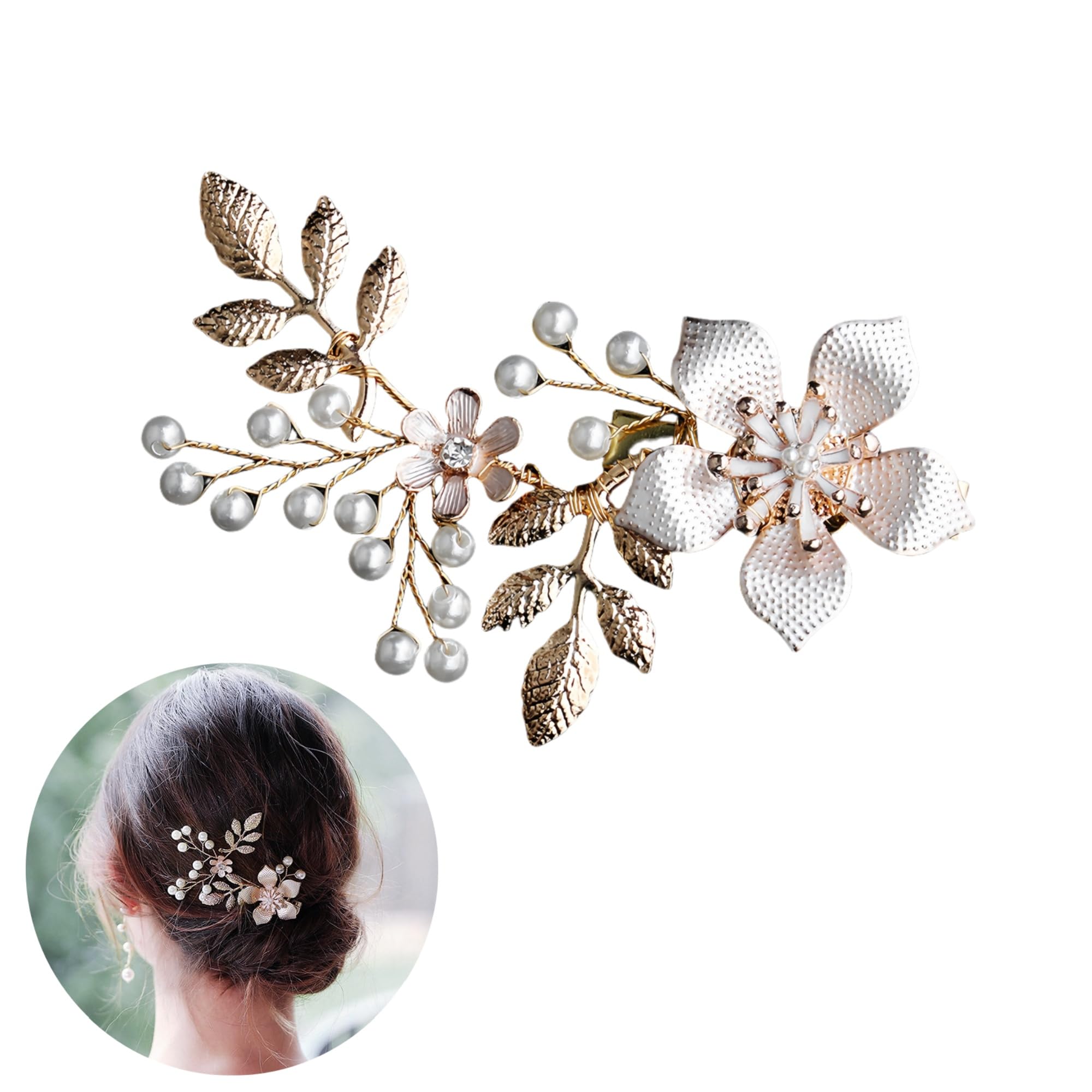 Huilimei Wedding Hair Comb Pearl Flower Bridal Headpiece for Wedding,Prom,Daily Dressing Gold Hair Accessories for Women and Girls Long Curly Bun Hair