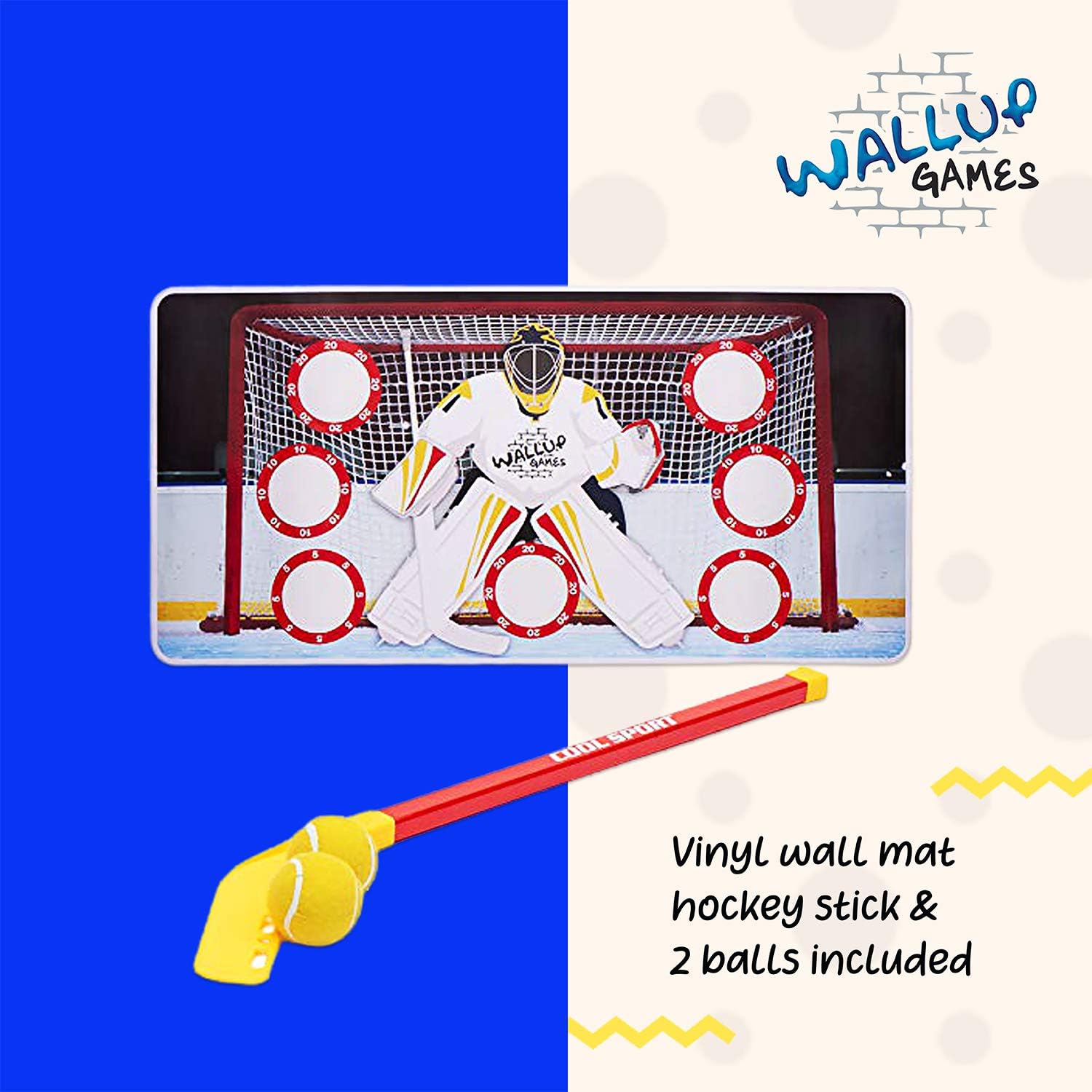 Wallup Games Hockey Game, Hockey Shooting Practice Target Game with Vinyl Wall Mat, Hockey Stick, 2 Indoor Hockey Balls: Toys & Games