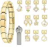 papasgix Italian Charm Bracelet Gold Set with Starter Brascelet, Assorted Charms and Opening Tools, 9mm Modular Italian Charm Bracelet Links Handmade DIY Jewelry Gifts Diamond Pendant