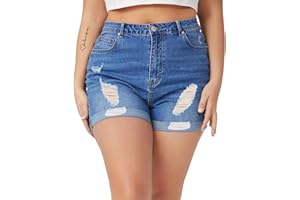 Tulucky Women Plus Size Jean Shorts High Waist Cute Distressed Ripped Folded Hem Denim Shorts