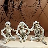 FESTGLOX Halloween Skeleton Statues - See Speak Hear No Evil Skeleton Figurines Set of 3 - Horror Skull Resin Decor for Halloween Table Shelf Decorations