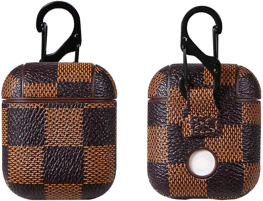 Parkho Airpods Case Keychain, Leather AirPod Charging Protective Case Cover for Airpods Earphones Accessories Great Gift (Plaid Brown)
