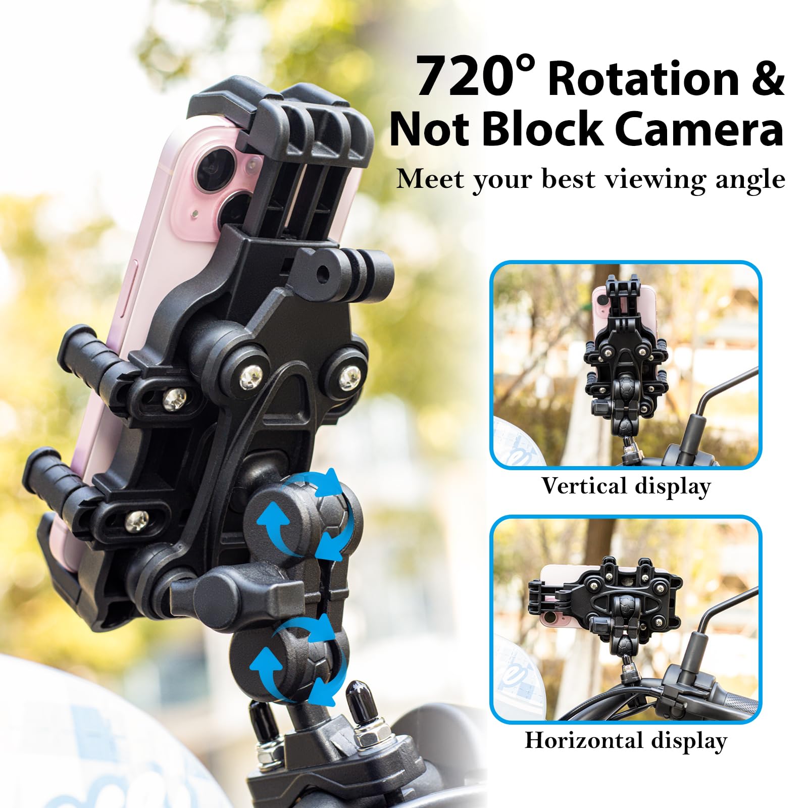 EMERK Motorcycle Phone Mount Holder - [Dual Vibration Dampener] [Anti-Shake Anti-Theft] Bike Phone Holder, Adjustable Handlebar Cellphone Cradle for Bicycle Road Scooter ATV Fit 4.7''-7.2'' Smartphone