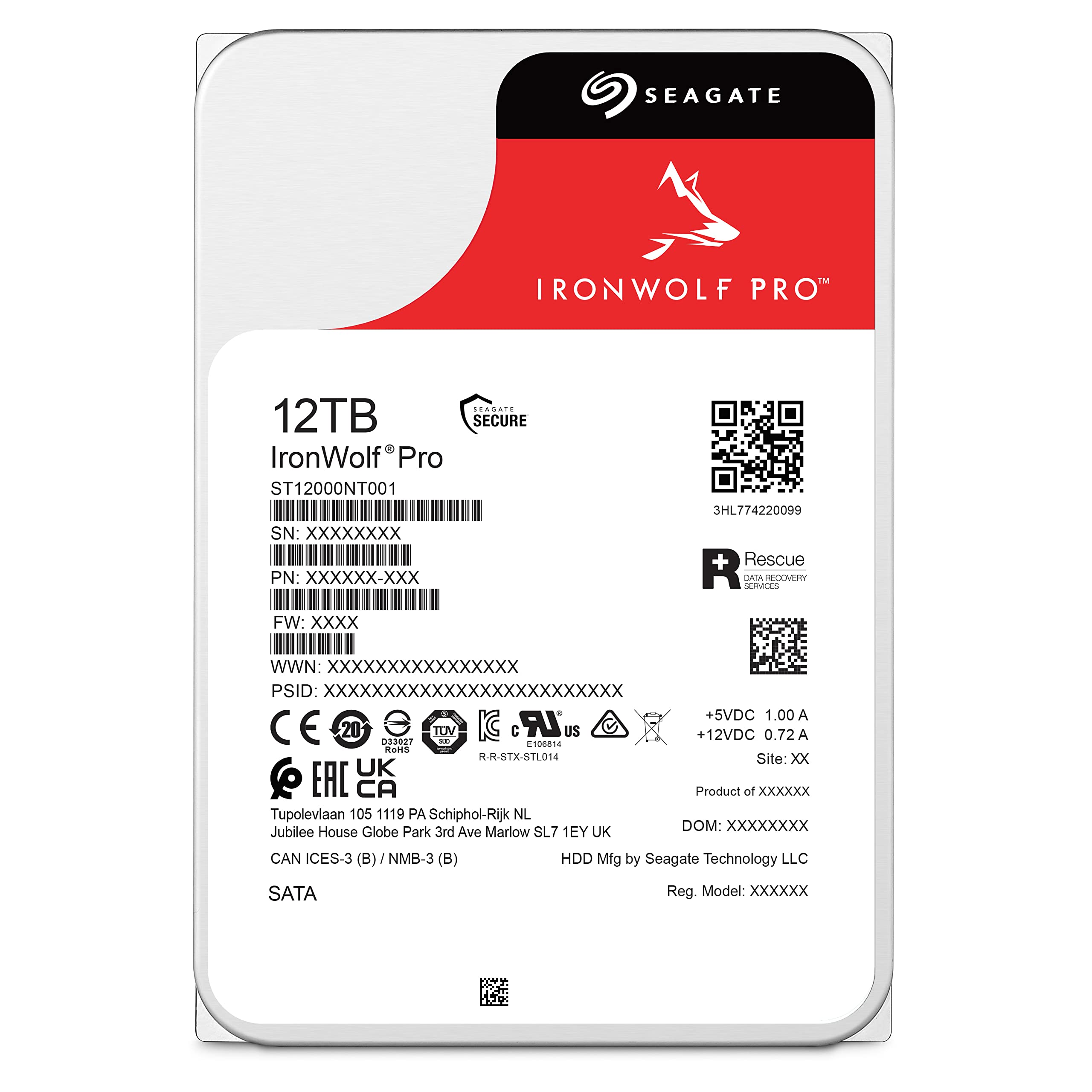 Seagate IronWolf Pro, 12 TB, Enterprise NAS Internal HDD –CMR 3.5 Inch, SATA 6 Gb/s, 7,200 RPM, 256 MB Cache for RAID Network Attached Storage (ST12000NT001)