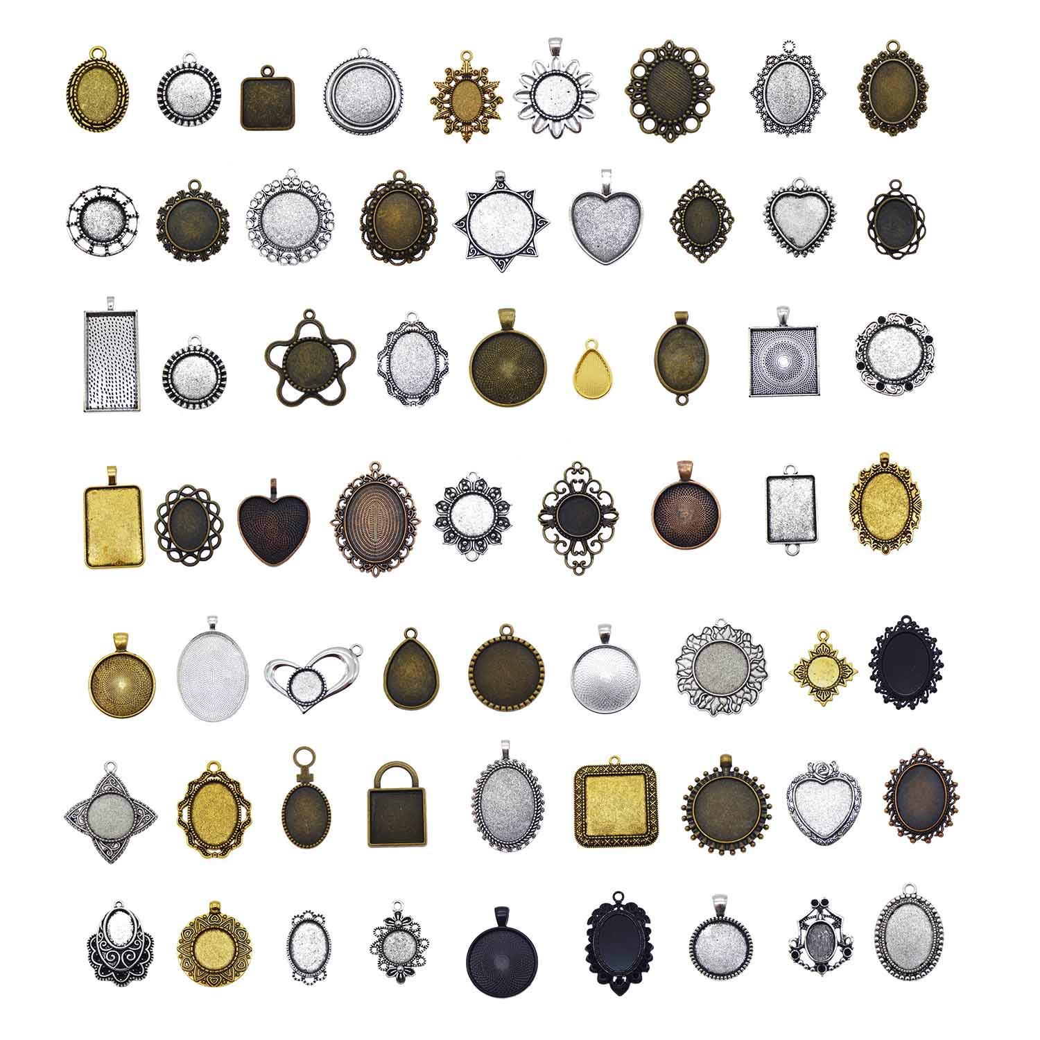 Julie Wang 20PCS Mixed Pictures Frames Resin Bezel Pendant Alloy Cameo Setting 20-65mm Jewelry Making DIY Charms