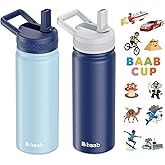 baab 18oz Kids Water Bottle, Insulated Water Bottle with Straw & Stickers, 18/8 Stainless Steel Vacuum Leakproof Kids Water Straw Cup for School, Gift for Boy Girl (Navy Blue+Light Blue, 2 Pack)