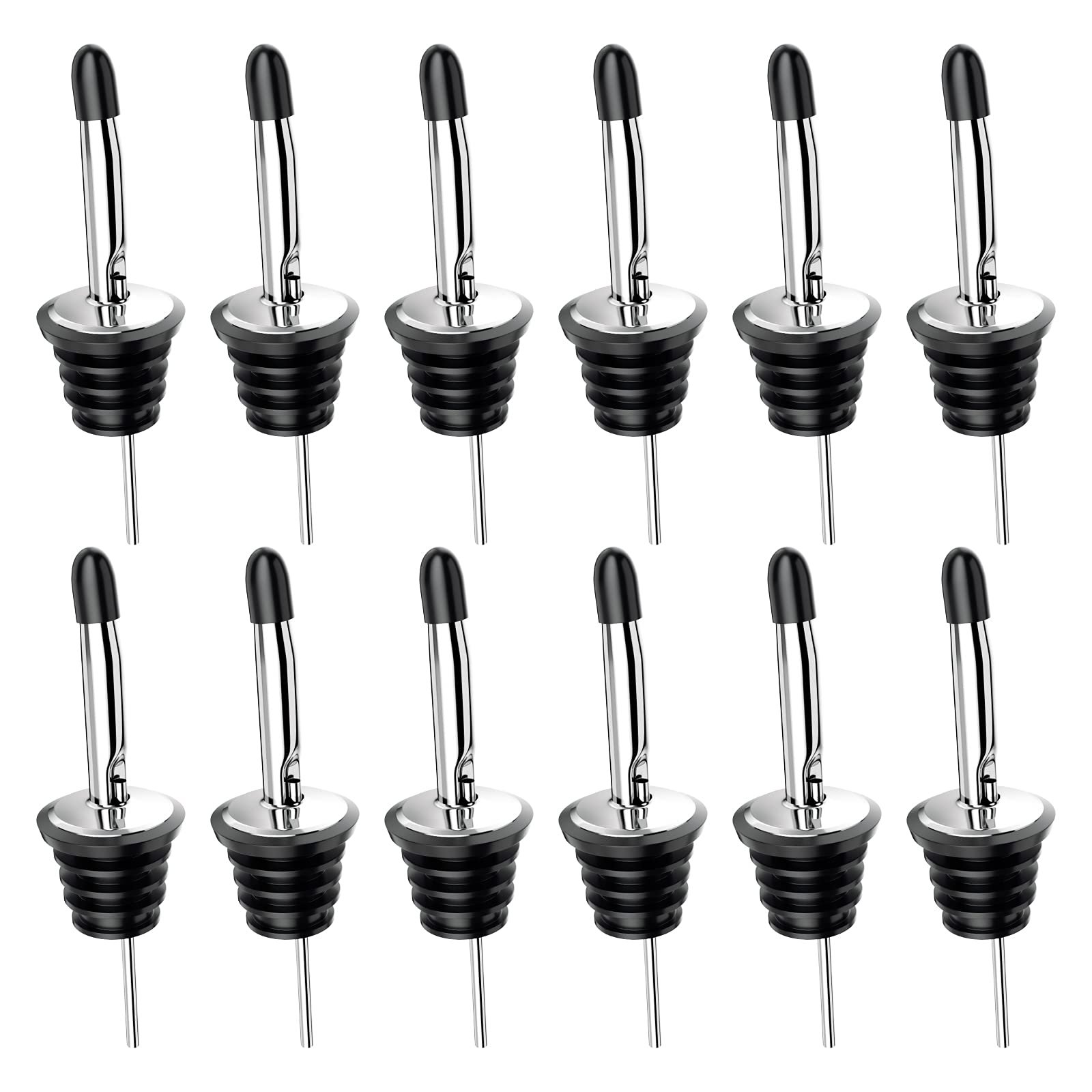 Liquor Pourer, 12Pack Stainless Steel Freeflow Speed Bottle Dispenser with Tapered Spout and Rubber Dust Caps for Wine and Spirits Bottles