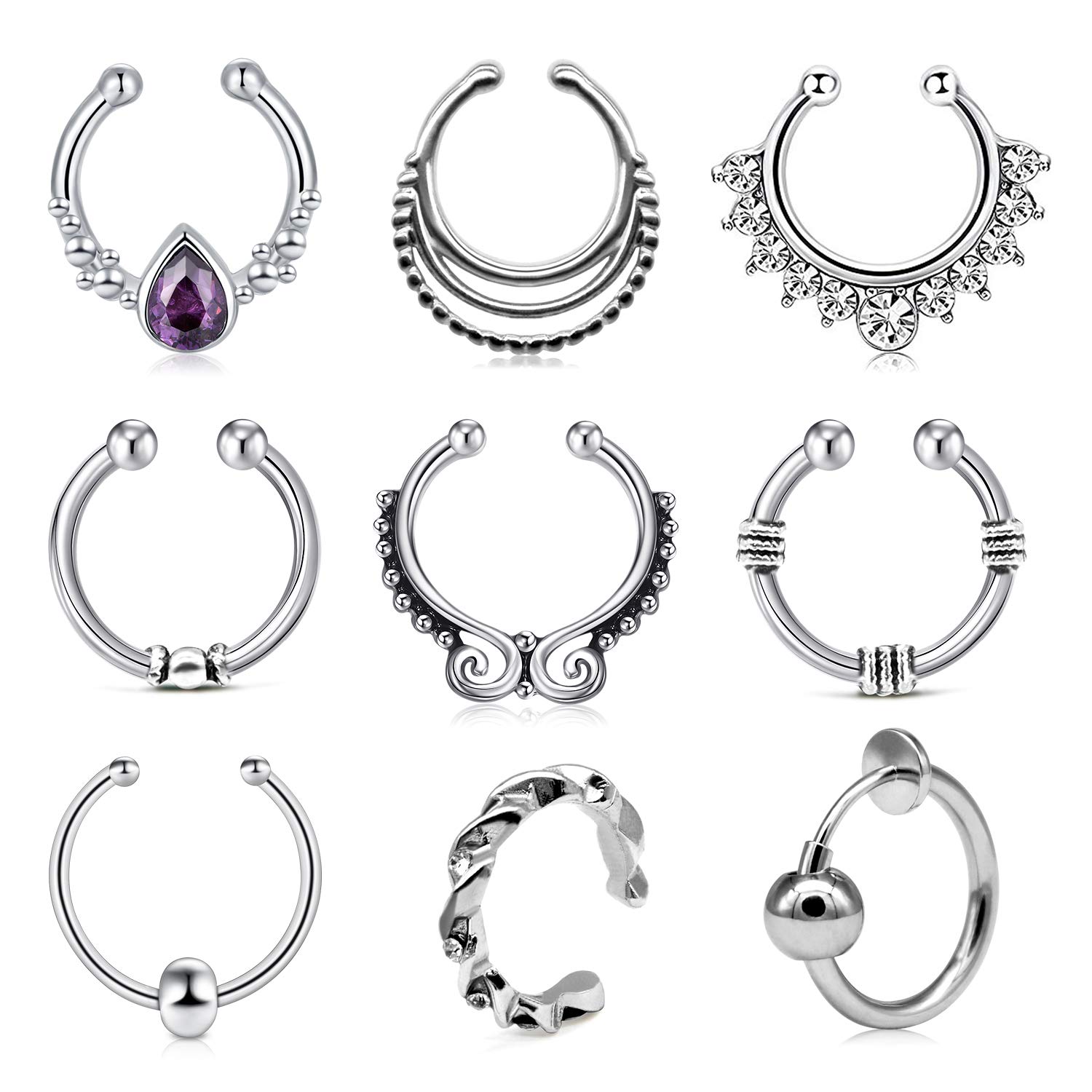 LAURITAMI 9pcs Fake Silver Septum Clip Nose Rings Set Surgical Steel Non Piercing Ear Cuff Diamond Jewellery