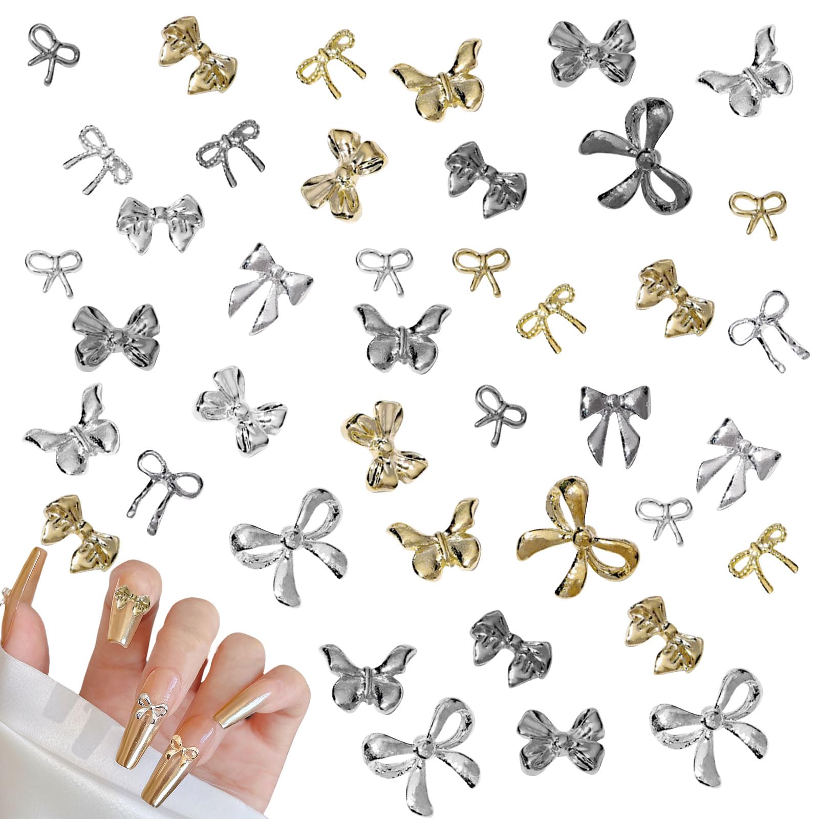 3D Bow Charms, 150 Pcs Small Bow Art Charms Gems Gold Silver Metal Bowknot Butterfly Nail Decorations Jewels for Women Girls Manicure Supplies