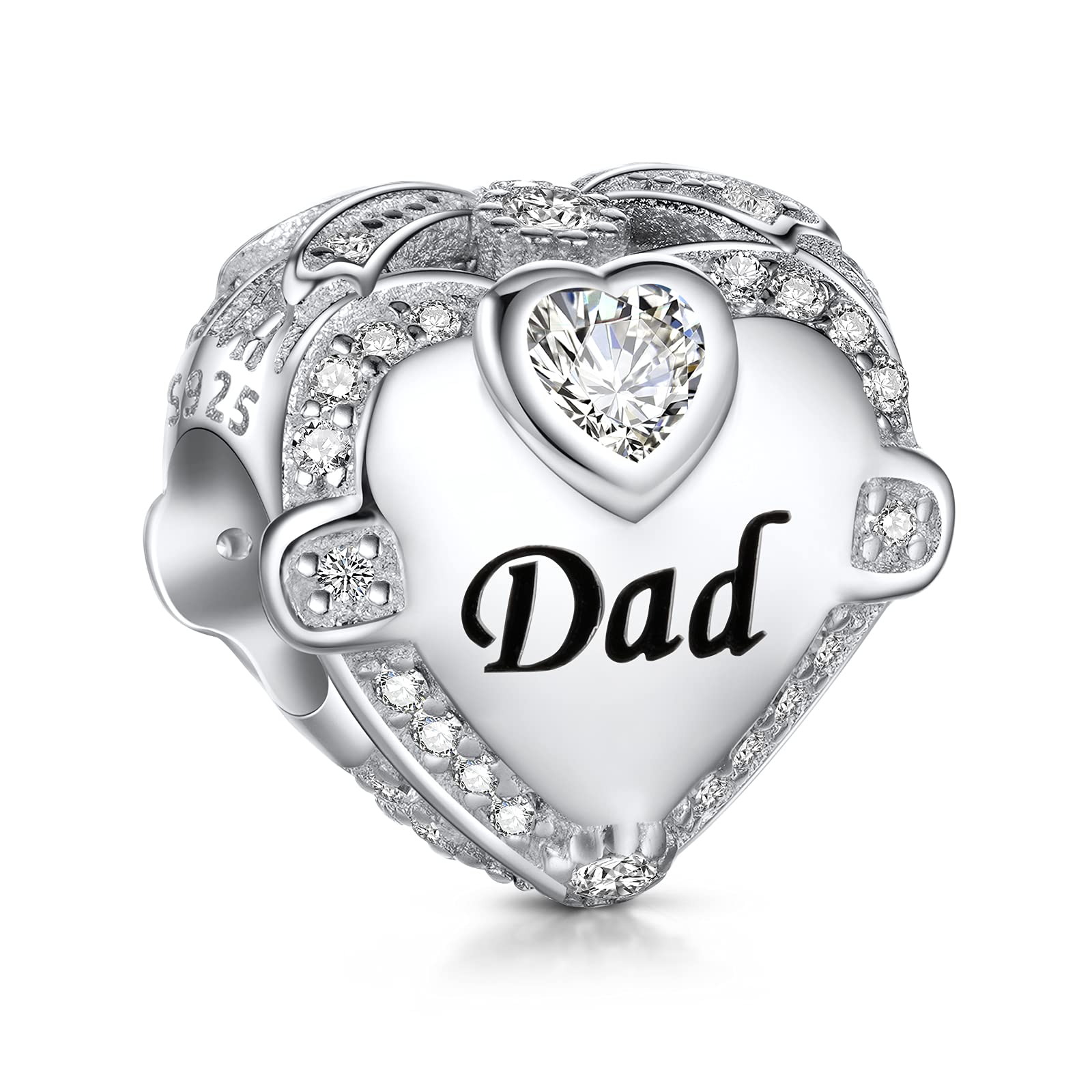 NINGAN Family Charm for Pandora Bracelet - Mothers Day & Birthday Gifts for Women 925 Sterling Silver Heart Cubic Zirconia Bead for Necklace (Dad)